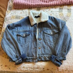 Sherpa-Lined Cropped Denim Jacket